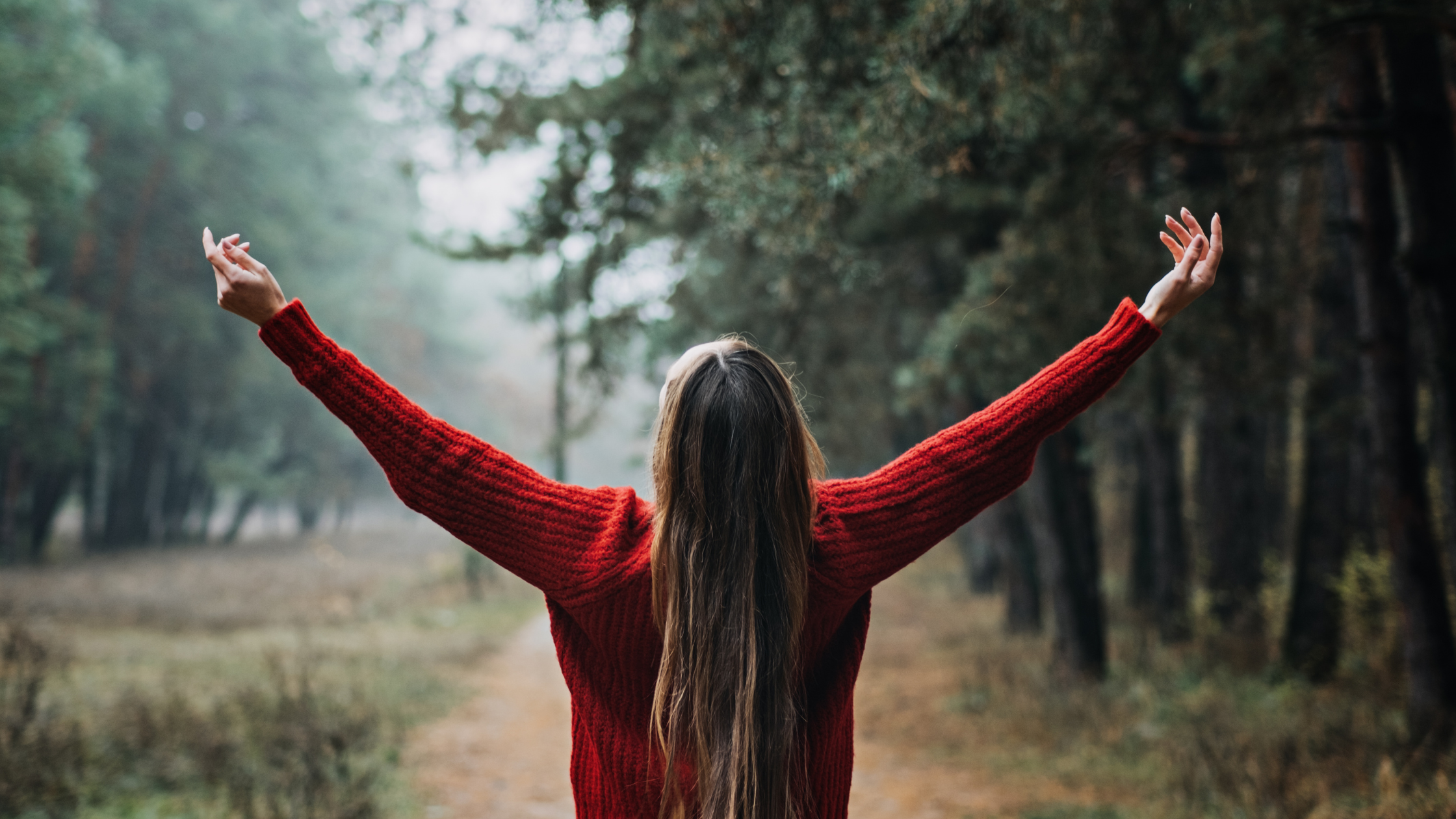 Girl with arms in the air in a forrest.