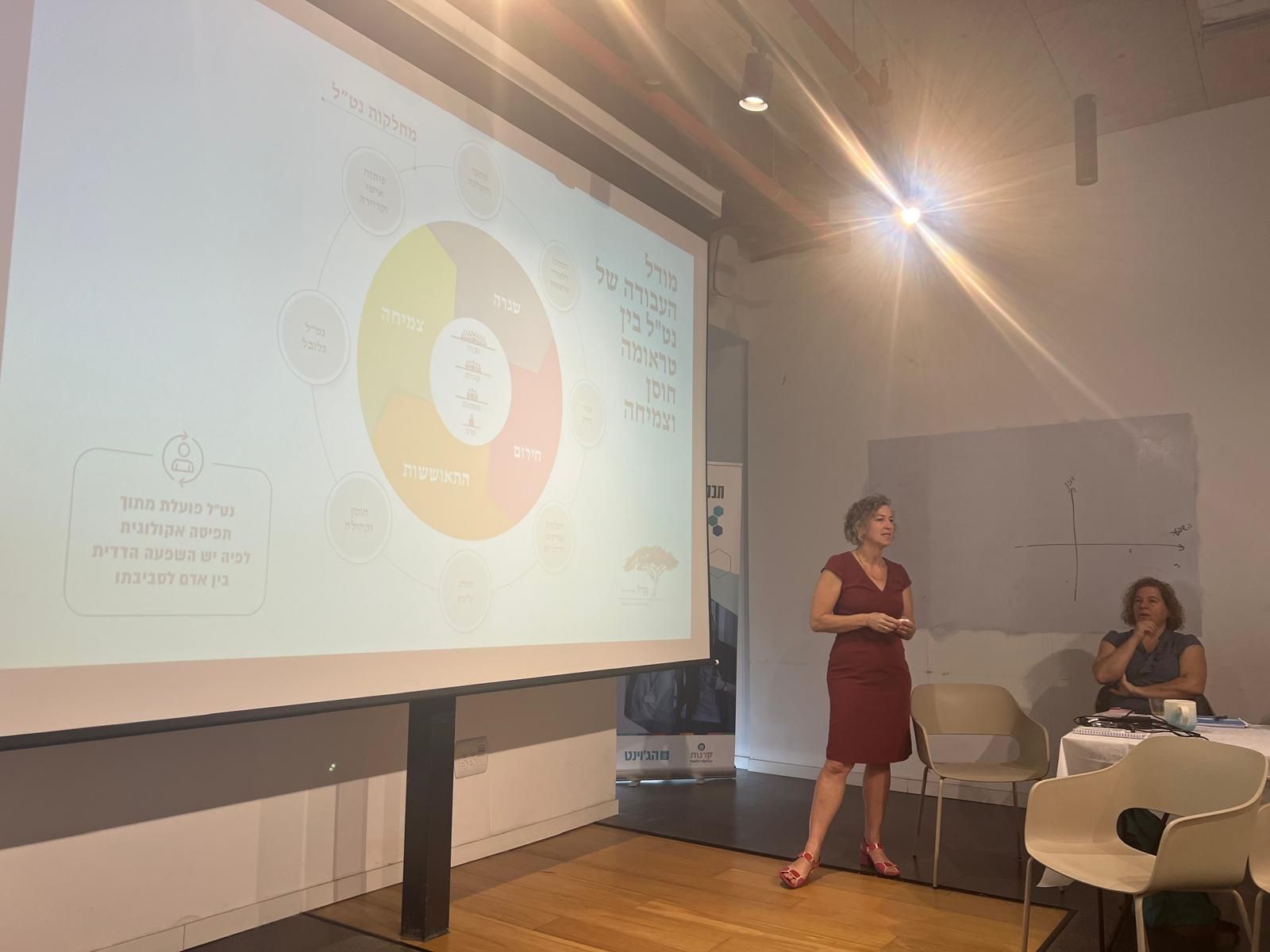 Israeli woman in red dress standing in front of a projection screen giving a presentation on resilience and moral.